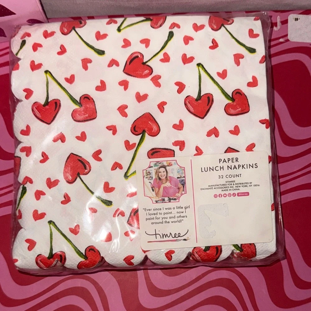 Pink Heart Gift Bags Set of 6 & 32 count Cherry Hearts Lunch Napkins
